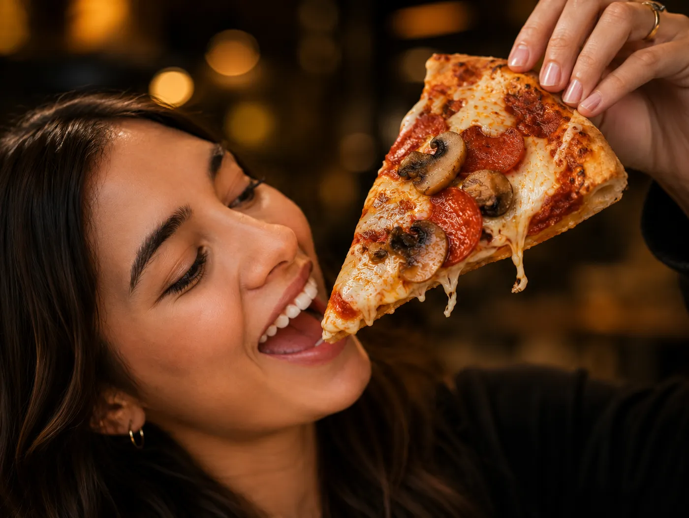 Gość smakujący kawałek pizzy w Spabi Express